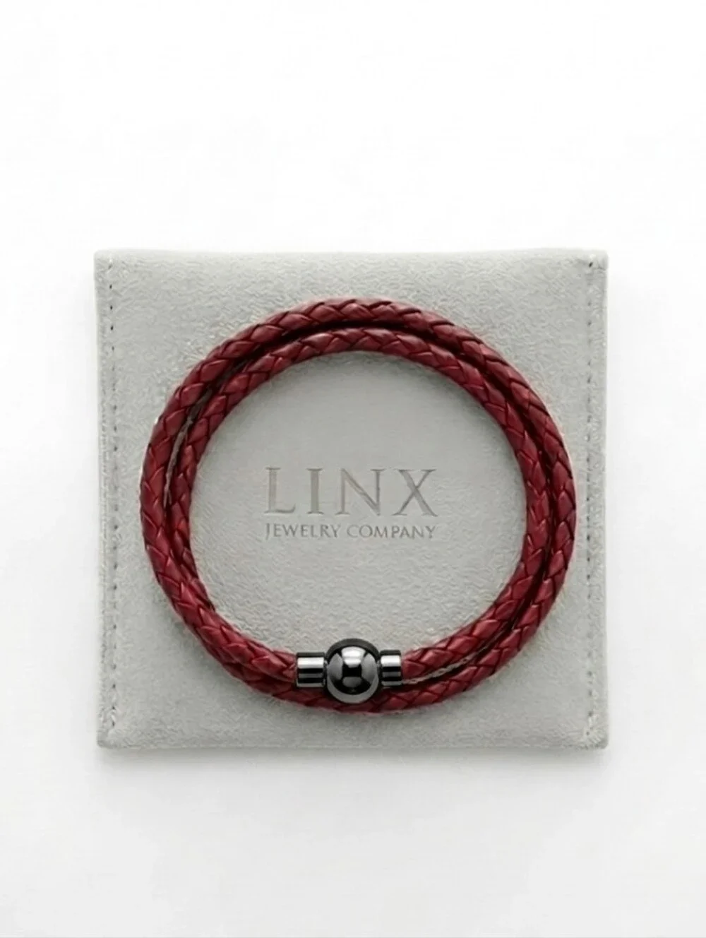 Linx Double Burgundy Leather Braided Cord Bracelet with Black Magnetic Clasp